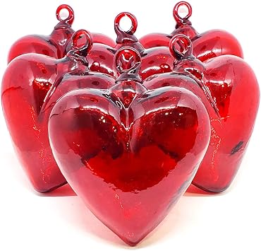 Red 5.1 inch Large Hanging Glass Hearts Set of 6, Recycled Blown Glass LGE Red Hearts