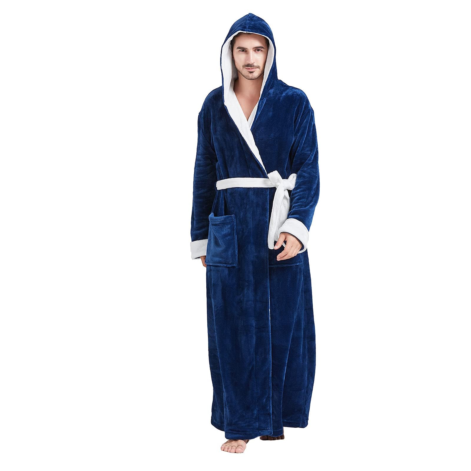 FashGudim Mens Robes Big and Tall with Hood Two-Tone Flannel Fleece Contrast Bathrobe Full Length Plush Long Robe House Coat