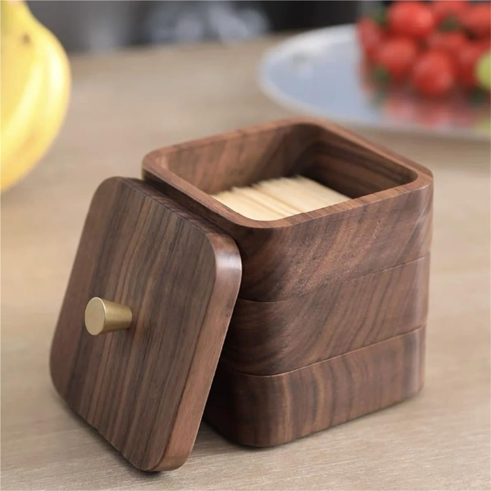 Zahnstocher Box Zahnseide-Box aus schwarzem Walnussholz, doppelte Aufbewahrung, Haushalt, Zahnstocher, Wattestäbchen, Schmuck(1 Layers)