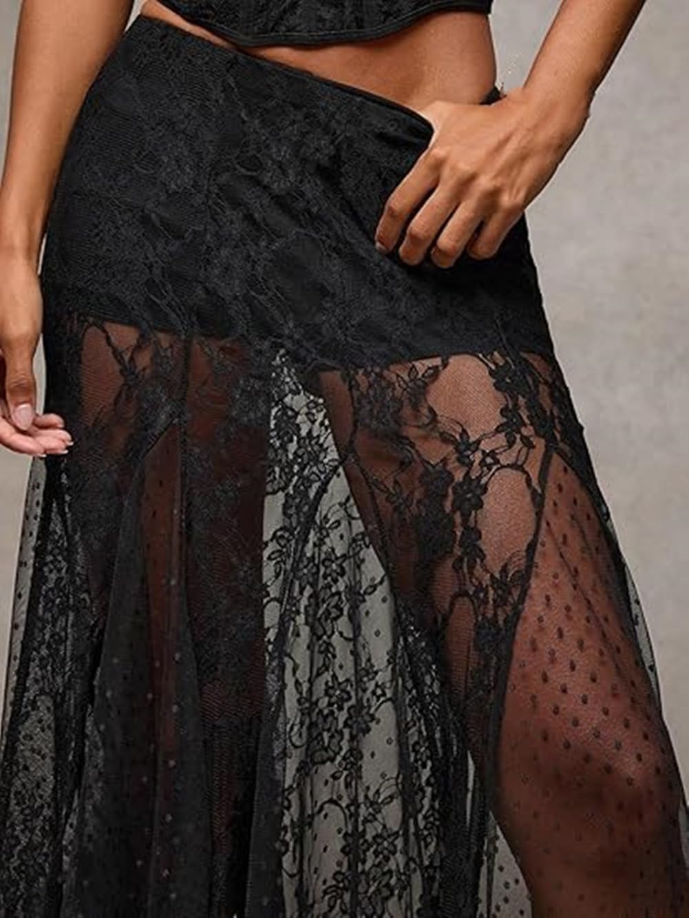 Women Lace Sheer Maxi Skirt See Through Low Waist Floral Polka Dots Aline Ruffle Boho Goth Flowy Long Cover Up Skirt