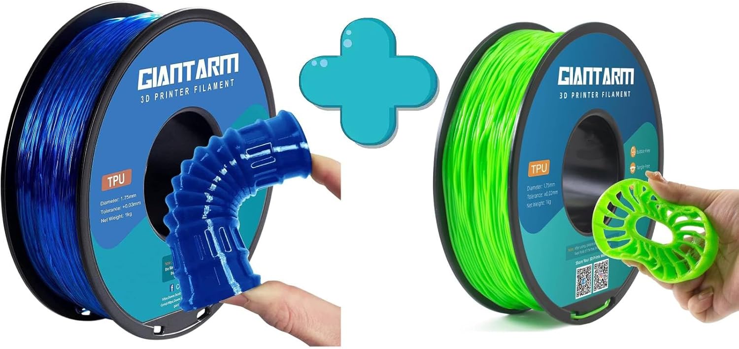GIANTARM 3D Printer Filament 1kg,Tansparent Blue TPU and Green TPU 1.75mm Dimensional Acuuracy +/-0.03mm,1080 Feet Per Roll,Vacuum Packaging