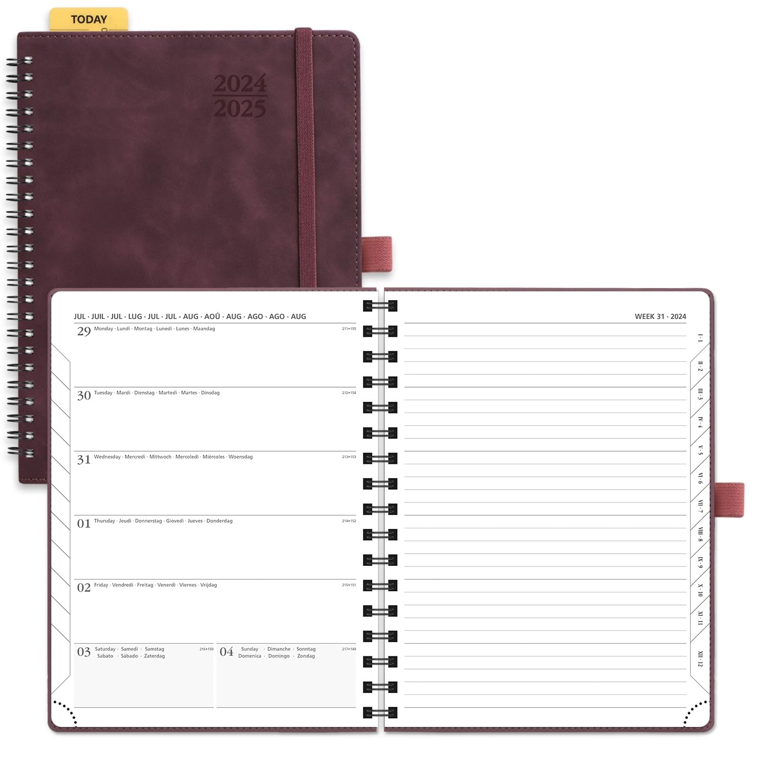 POPRUN Agenda 2024 2025 Semana Vista Espiral 22 x 16,5 cm, Una Página por Semana con Una Página de Notas (17 Meses de Ago.2024 - Dic.2025), Papel Certificado FSC® 80 GSM, Borgoña Oscuro