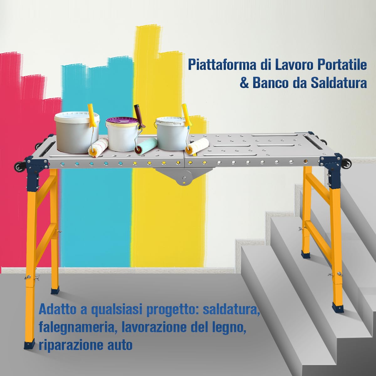 Piattaforma da Lavoro Multifunzione 2-in-1 | Trabattello Portatile Tavolo per Saldatura con Ruote | Lavoro Zincata 36x140 cm | Portata 500 KG