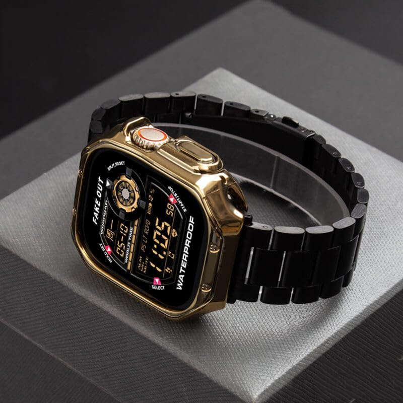 Compatible with iWatch Series 10 42mm (Color: Black Strap Gold Case Metal Band Strap case + Front Silicon Case