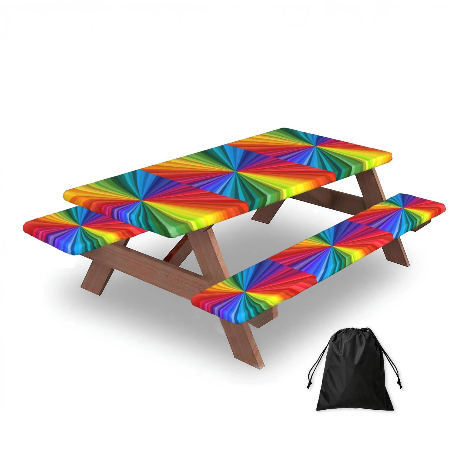 Dopklna As Picture Rainbow Colored Swirls, Picnic Table Cover With Bench Covers -Waterproof Elastic Fitted Tablecloth For Garden Camping Patio 76X152cm