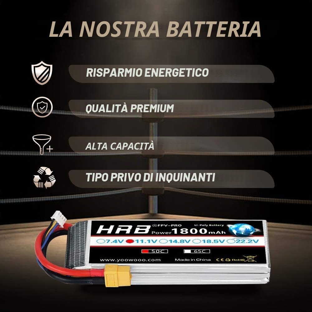 HRB 2packs 11.1V 1800mAh 3S 50C LiPo Battery Pack con XT60 Plug per Skylark M4-FPV250 Mini Shredder 200 INDY250 PLUS MOJO 280 QAV250 Vortex Emax Nighthawk 250 RC Heli Airplane UAV Drone FPV