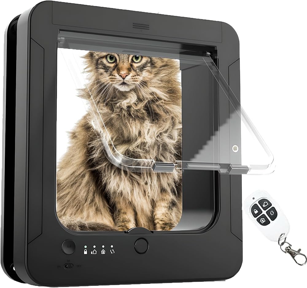 Intelligente Katzenklappe – Haustiertür mit 2 Sensorhalsbändern und 1 Fernbedienung, geeignet für Katzen und Welpen, 19,6 x 21,1 cm Öffnungsgröße