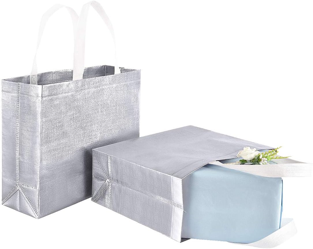 12 Pack Bridesmaid Bags Stylish Reusable Shopping Grocery Bag Glossy Glitter with Handle Fashionable Tote Bag Christmas Gift Bags Gift Tote Bags for Women Groceries Wedding Bridesmaid Birthday(Silver)