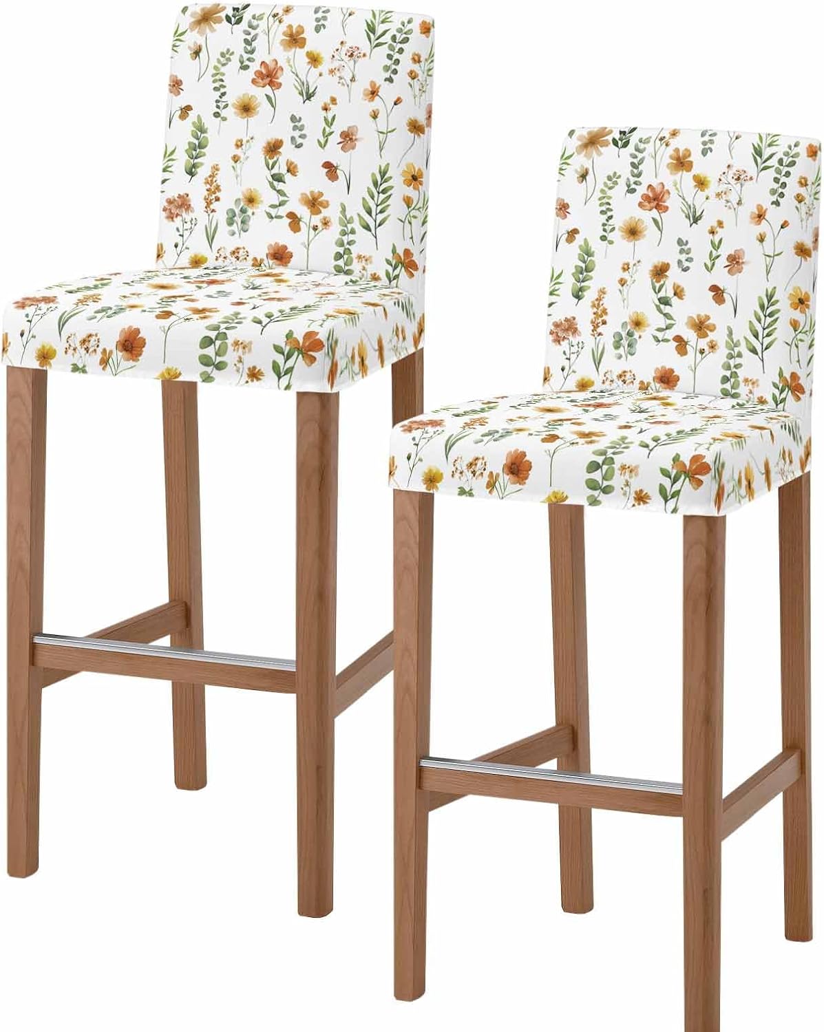 Yellow Spring Floral Bar Stool Covers Set of 2, Flowers Leaves Elegant Pastoral Stretch Washable Bar Chair Covers with Backs, Removable Pub Counter Height Chair Cover for Kitchen Dining Room Cafe