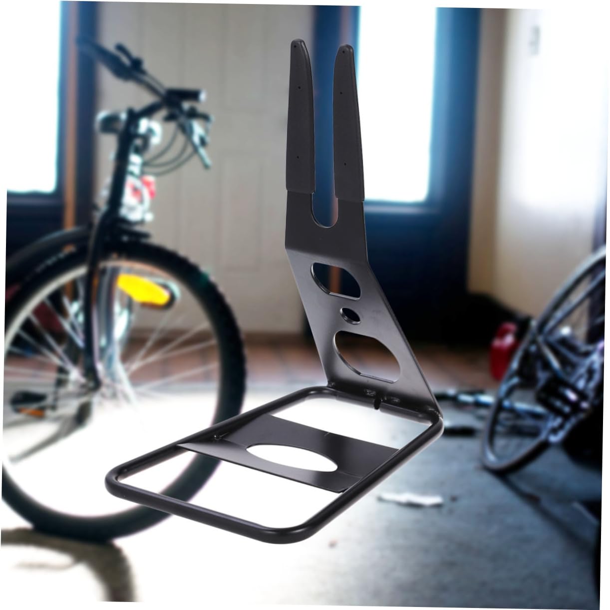 WOONEKY Metal Floor Bike Parking Rack Portable Stand for Mountain Bikes Sturdy and Lightweight for Garage and Indoor Use for Display and Repair Black