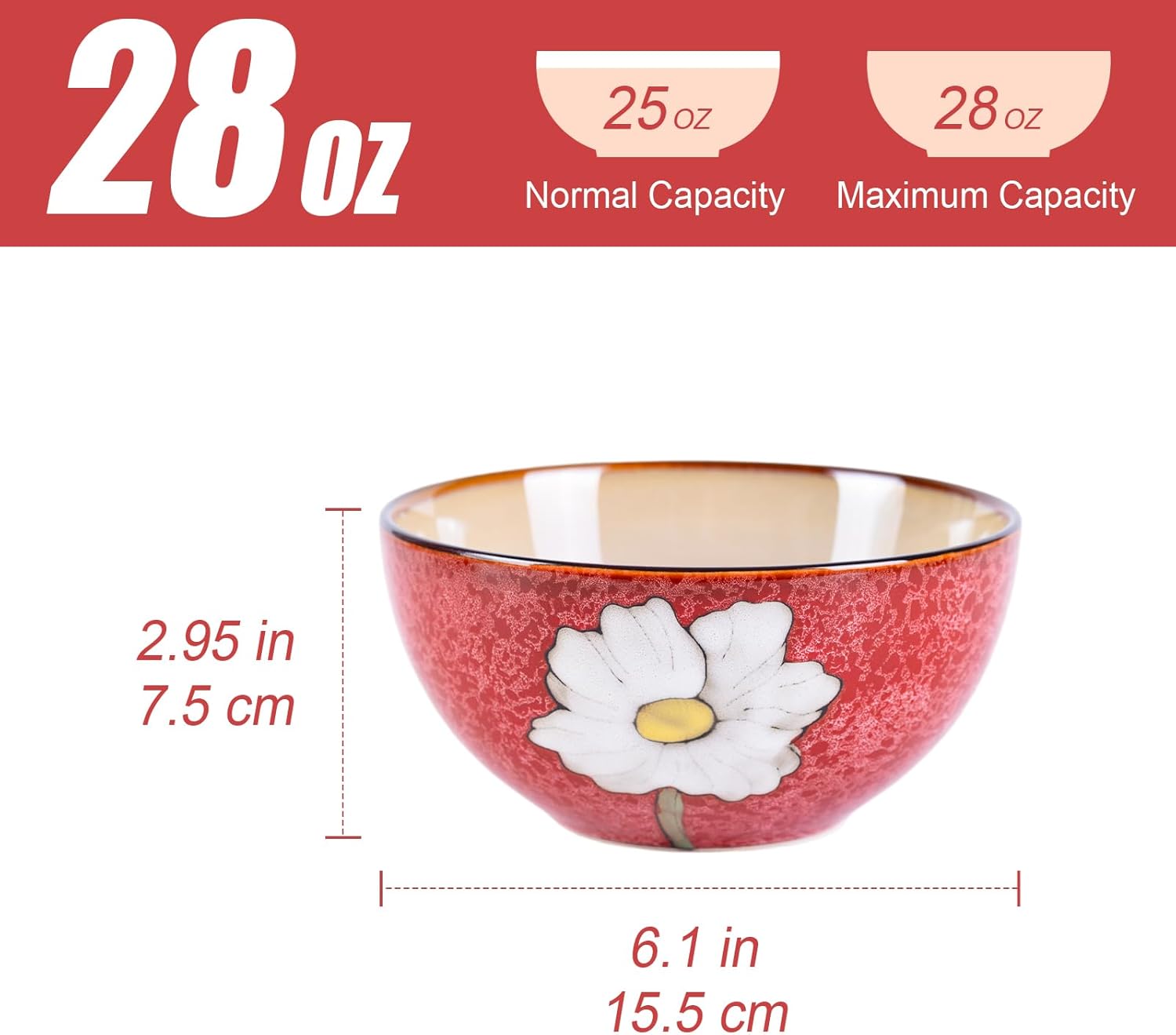 28oz Ceramic Bowls Set of 4 for Kitchen, 6 Inch Hand-painted Floral Serving Bowls, Dishwasher Microwave Oven Safe, for Salad, Pasta, Ramen, Rice & Dessert, Breakfast Lunch Dinner, Red
