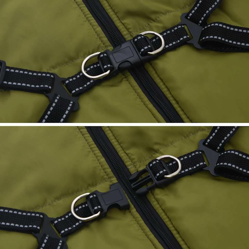 Wasserdichter Hundemantel mit reflektierenden Streifen Armeegrün L52 für Outdoor-Gassi, warm gefüttert, verstellbares Geschirr, Reißverschluss, geeignet für Winter und Herbst