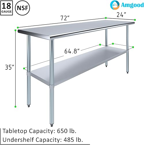 Vista 296 de AmGood Mesa de trabajo de acero inoxidable de 18 pulgadas x 36 pulgadas Mesa de preparación de alimentos de cocina de metal NSF