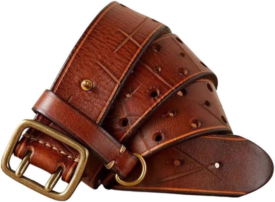 Men's Wide Genuine Leather Double Pin Buckle Belt Top Jeans Casual Waistband