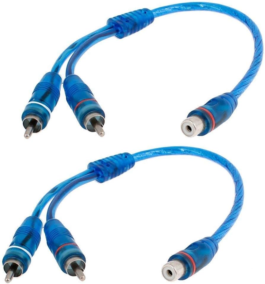 RCA Y Adapter Connector 1 Female to 2 Male, Car Audio RCA Splitter Adapter Cable, Blue (2 Pack)