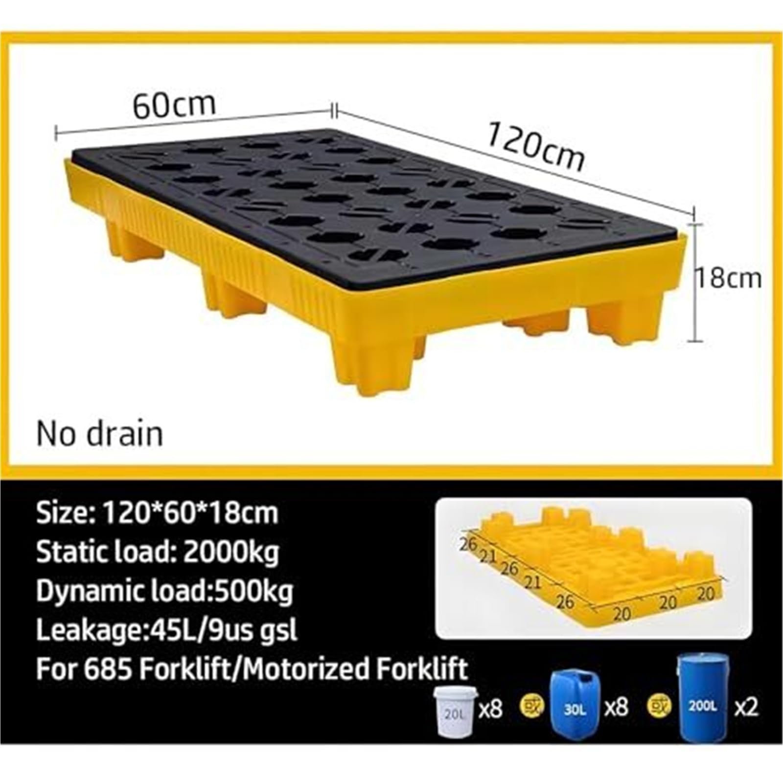 Piattaforma di contenimento delle fuoriuscite, Pallet di plastica a prova di perdite, vassoio impilabile per olio, Pallet modulare antiscivolo per deposito di magazzino di fabbrica