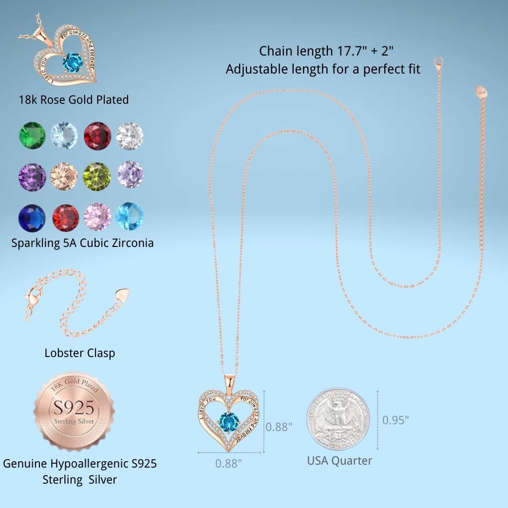 Birthstone Heart Necklace for Women Wife Girlfriend Mom Daughter Gifts S925 Silver Jewelry For Anniversary Rose Gold Gifts For Birthday Christmas Mothers Valentines Day - Image 4