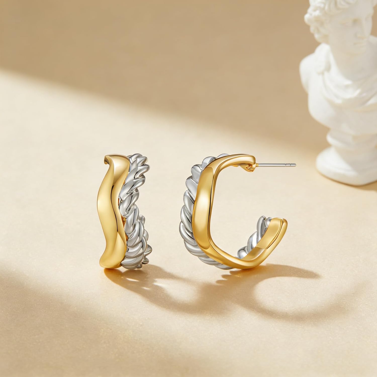 Two Tone Hoop Earrings for Women Silver and Gold Plated Twisted Cable Open C Hoops Chic Hypoallergenic Earring Mixed Metal Jewelry - Image 7