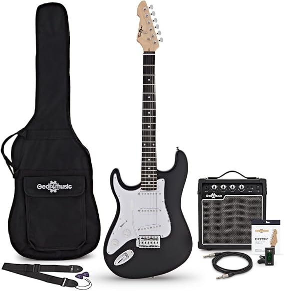 LA Left Handed Electric Guitar Black 10W Guitar Amp & Accessory Pack | For left-handed beginner guitarists comfortable lightweight body 2-band EQ amp with headphone output accessories include