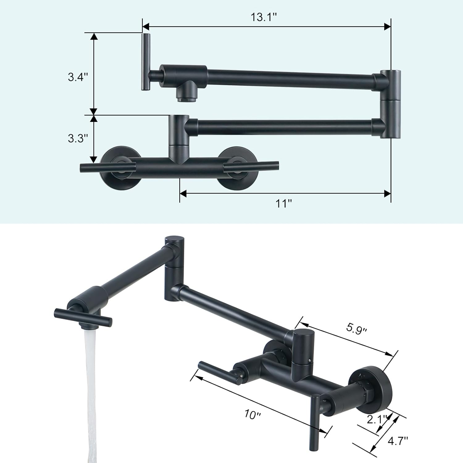 WOWOW Pot Filler Faucet for Both Hot Cold Water Folding Kitchen Faucet Black Wall Mount Commercial Restaurant Faucet Brass 3 Handles 2 Hole Double Joint Swing Arm Kitchen Faucet