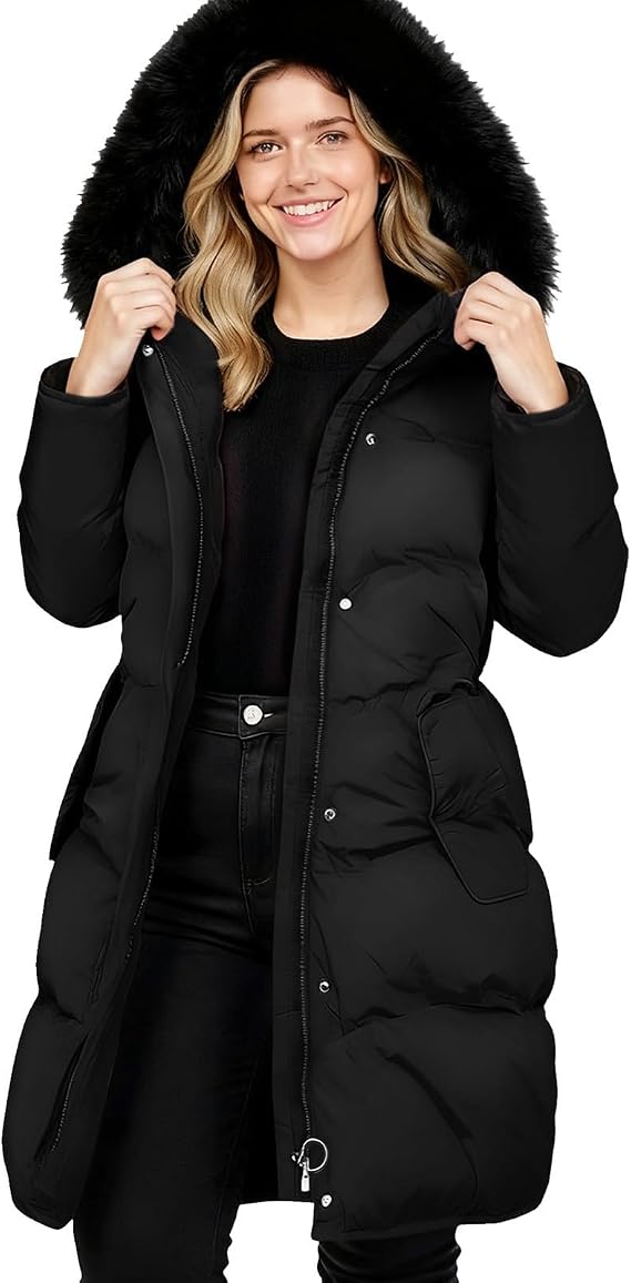 Long Puffer Jacket Womens - Warm Insulated Winter Coats for Women with Fur Trim Hood Parka Jackets Stylish Thermal
