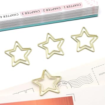 Funny Cute Paperclips Bookmarks Planner Clips,Gold Five Pointed Star Paper Clip,JruiZhp Star Shape 50pcs Metal Paper Clips with Clear Box for Fun Office Supplies School Gifts Decoration