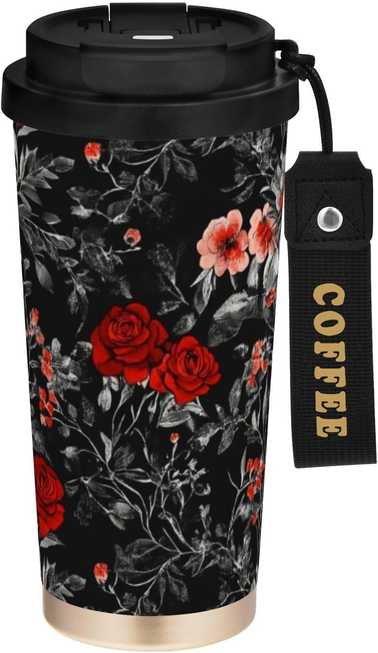 17 oz Insulated Coffee Mug Vintage Roses with Straw and Leak Proof Lid Double Wall Water Bottle Stainless Steel Vacuum Thermal Travel Drinking Cup for Hot/Cold Drink