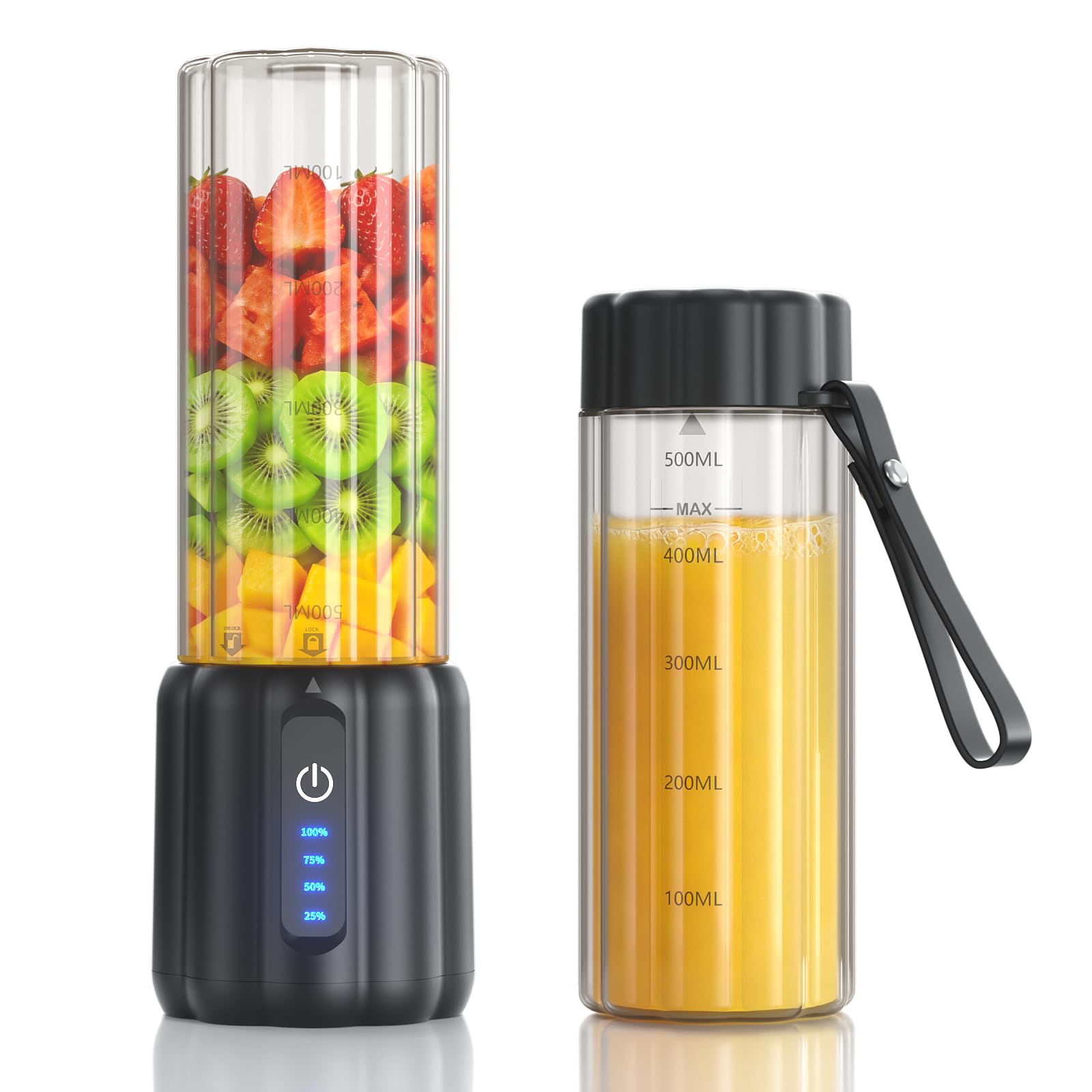 TOMUOO portable blender cup with USB-C charging and carry strap lid