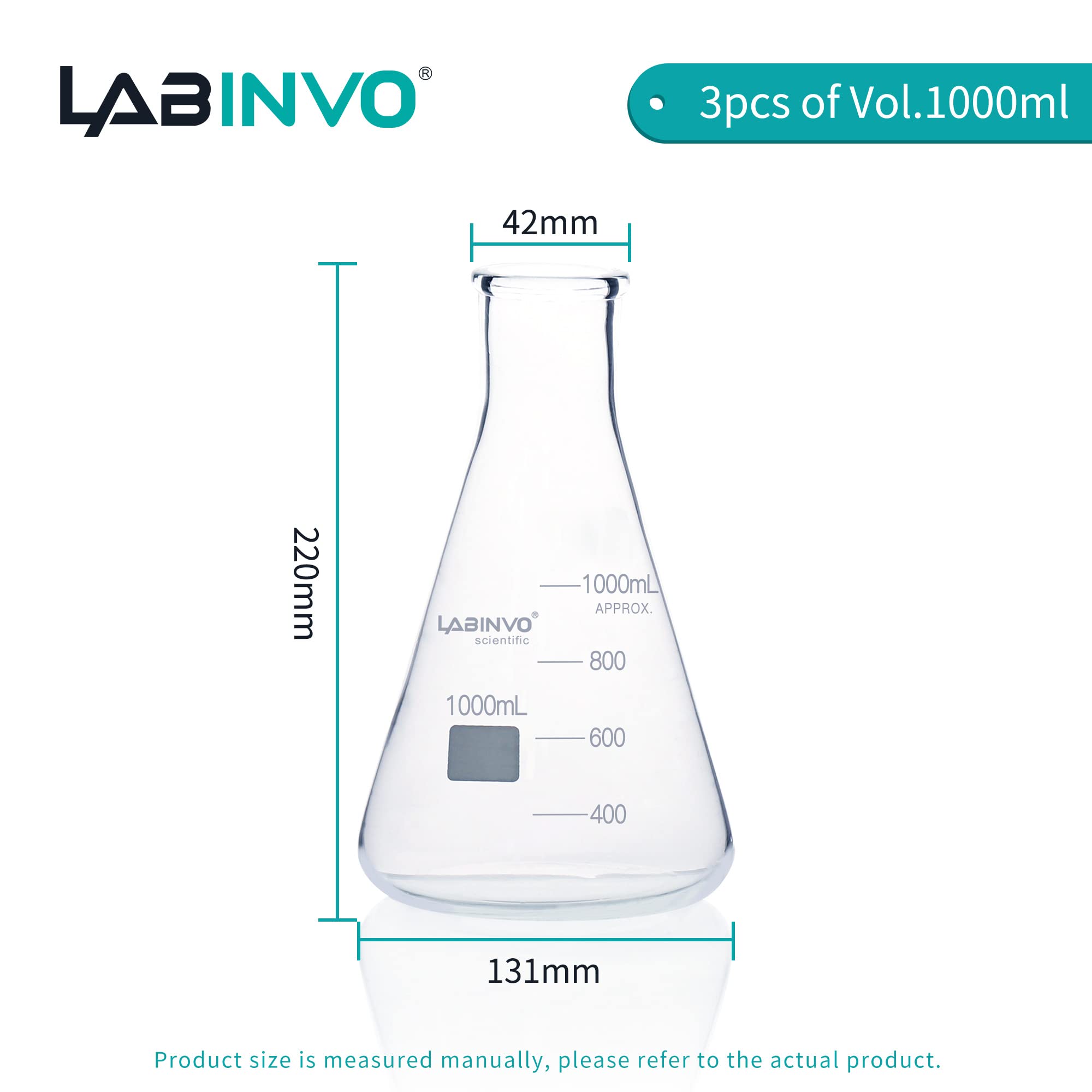 Bocca stretta graduata vetro Erlenmeyer Flask, con marcatura punto, 3pcs di Vol.1000ml, 3.3 vetro borosilicato, IN-EFN1000