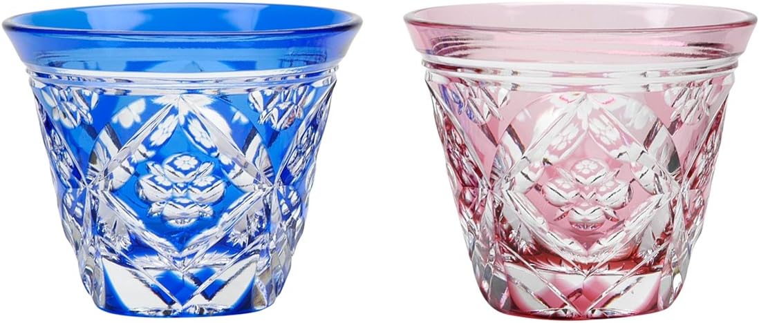 KIMOTO GLASSWARE Japanese Paired Sake Cup of Edo-Kiriko (Cut Glass) Shippo Flower Pattern