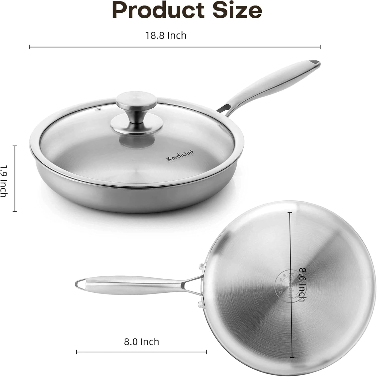 10 Inch Stainless Steel Frying Pan with Lid, Tri-Ply Healthy Stainless Steel Cookware, Pan, Skillet on Induction, Ceramic and Gas Cooktops, PFOA Free Cooking Pan, Dishwasher Safe