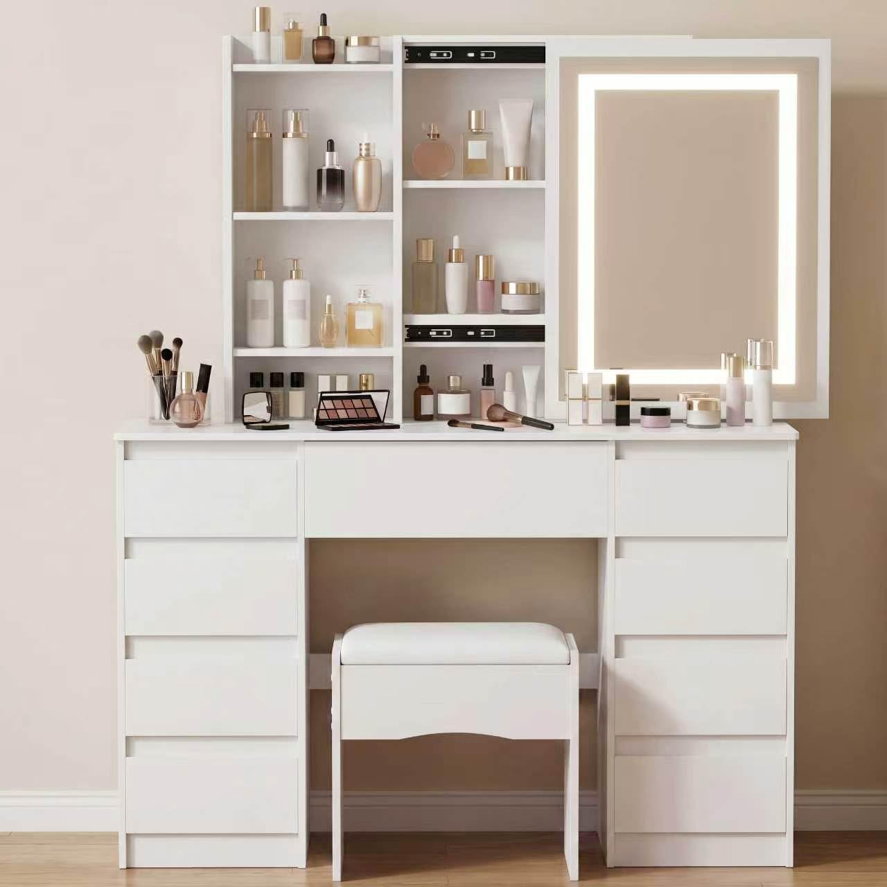 VWYUK Dressing Table with LED Lighting Mirror, 3 Lighting Modes Adjustable Brightness,Vanity Table,Makeup Desk with 9 Drawers and 3 Storage Shelves, Modern White