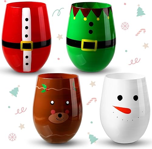 Juego de 4 copas de vino sin tallo de Navidad, decoración de fiesta de Navidad, copas de vino de Navidad, 17 onzas, Papá Noel, elfo, muñeco de