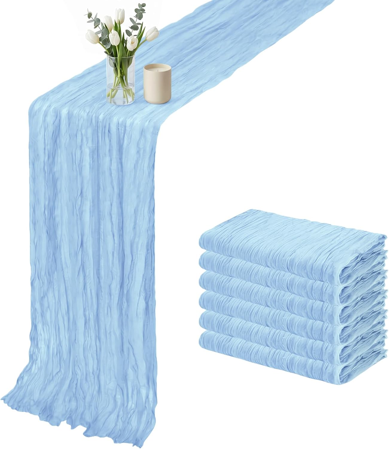 6 Pack Baby Blue Cheesecloth Table Runner 17x108 Inch 9FT Semi Sheer Boho Gauze Table Runners for Wedding Baby Shower Birthday Party Home Bridal Shower Event Decor