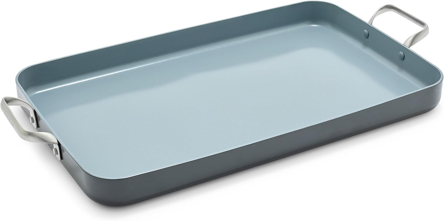 GreenPan Valencia Pro 18" x 11" Double Burner Griddle Pan, Induction Suitable, Ceramic Nonstick PFAS-Free, Rectangular Stovetop Cookware, Stainless Steel Handles, Dishwasher, Oven & Broiler Safe, Gray 18" x 11" Double Burner Griddle Pan Gray