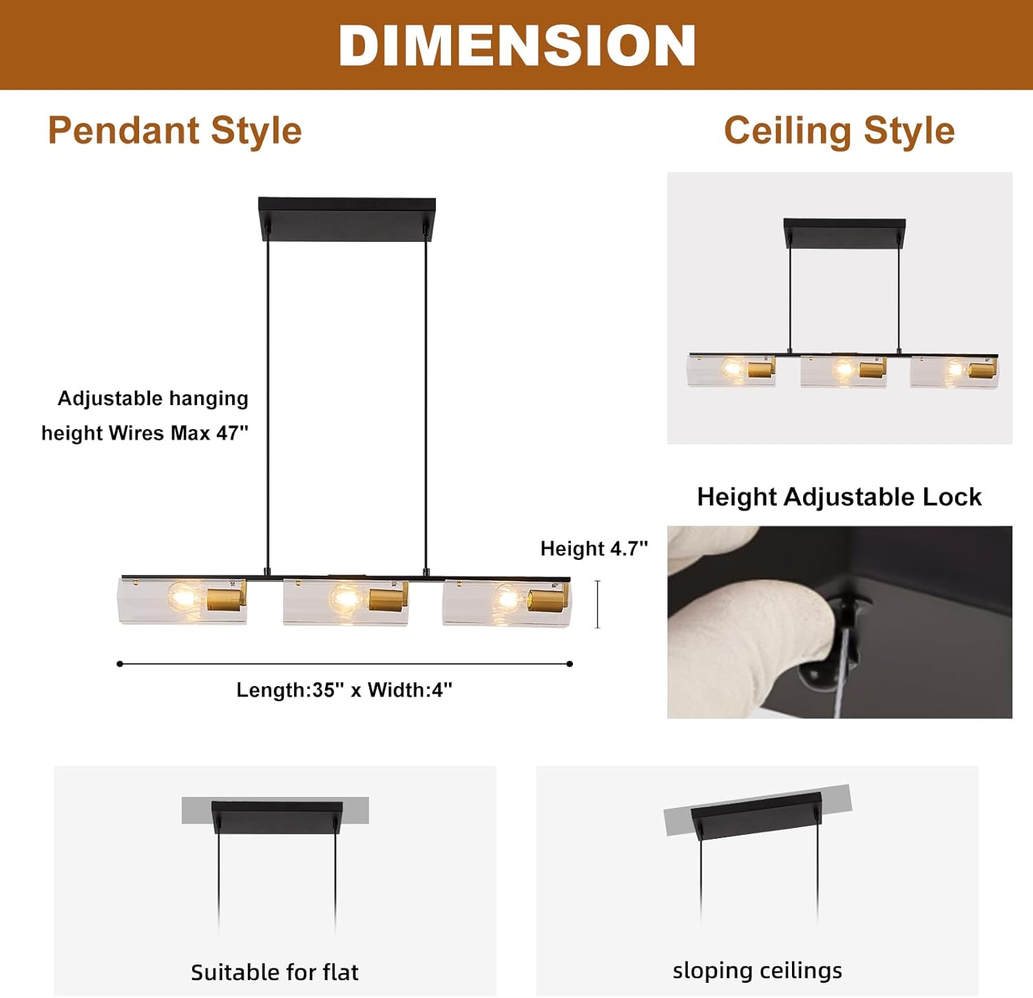 Modern Textured Linear Chandelier for Dining Room, L35 inch Black and Gold Rectangular Kitchen Island Light, 3 Light Hanging Pendant Light Fixture for Dining Room Living Room