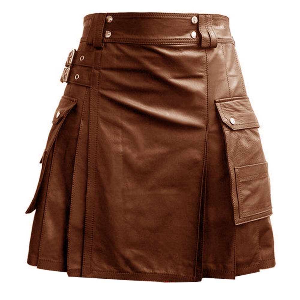 Mens Black OR Brown Leather Gladiator Utility Kilt Flat Front Twin Cargo Pockets