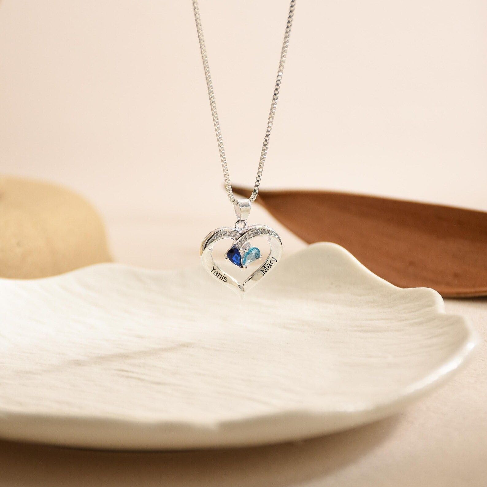 Cuore collana con pietra portafortuna, due nome su misura con pietra portafortuna famiglia coppia per mamma
