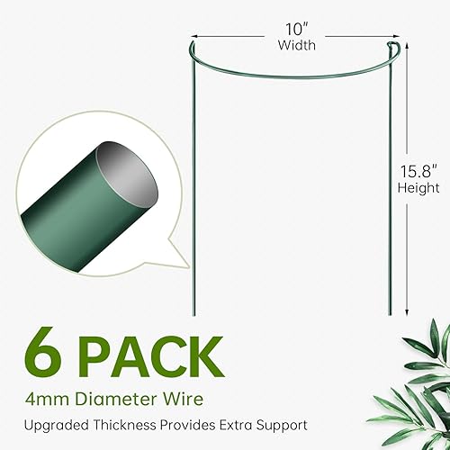 Miniatura 2 de JOYSEUS Paquete de 6 estacas de soporte para plantas, estacas de metal para plantas de jardín, anillo de soporte de plantas medio redondo verde,