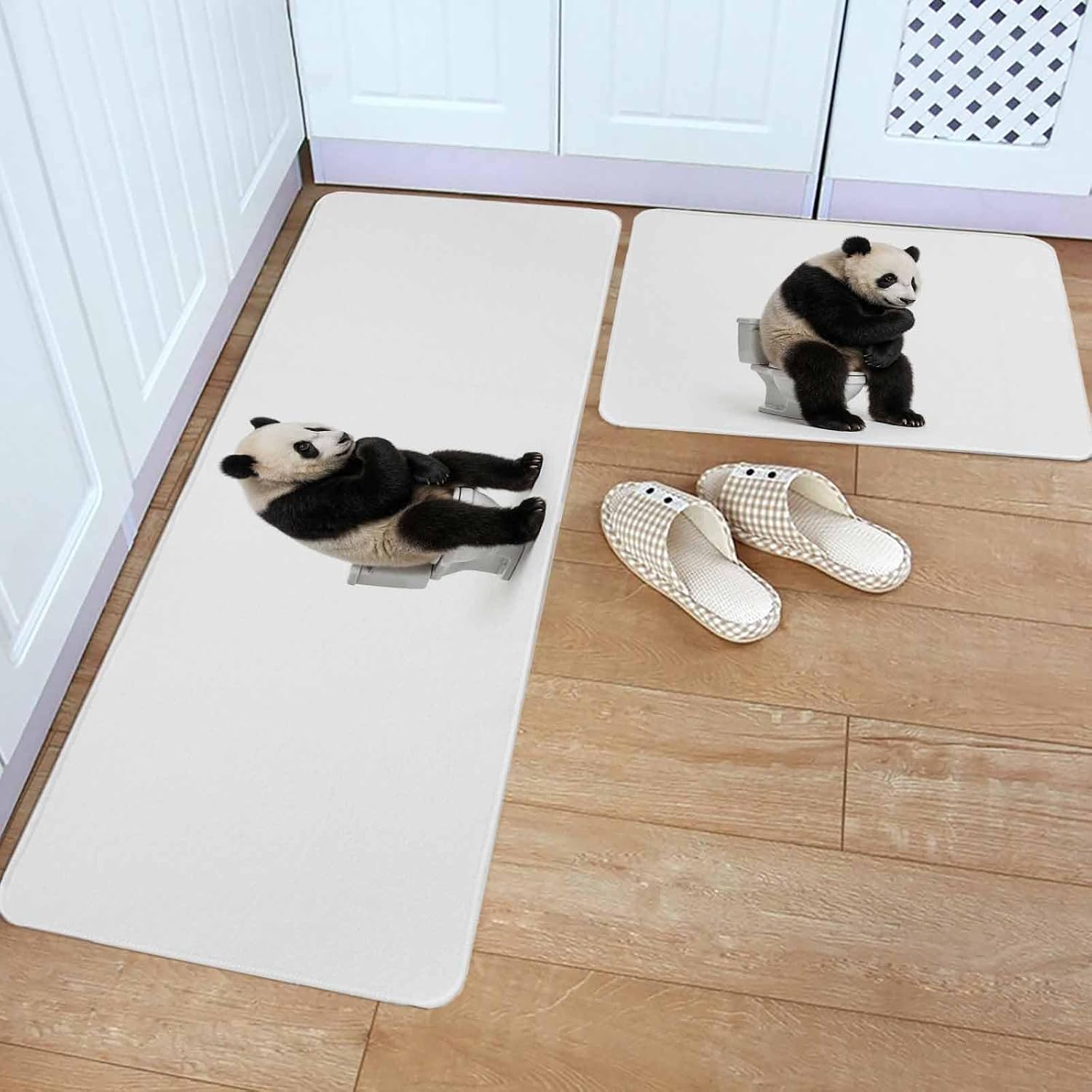 Funny Panda Kitchen Rugs and Mats Set of 2, Non-Slip Kitchen Sink Mat, Cute Art Fun Lovely Animals on Toilets Washable Doormat Bathroom Rugs Runner for Bedroom/Living Room 19.7"x31.5"+19.7"x47.2"