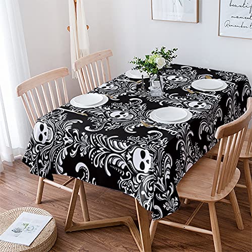 Warm Tour Rectangle Halloween Table Cloth Vintage Gothic Skull Damask Pattern Washable Waterproof Tablecloths Black Backdrop Table Cover For Dinner Wedding Kitchen Holiday Party Decor #TOP7