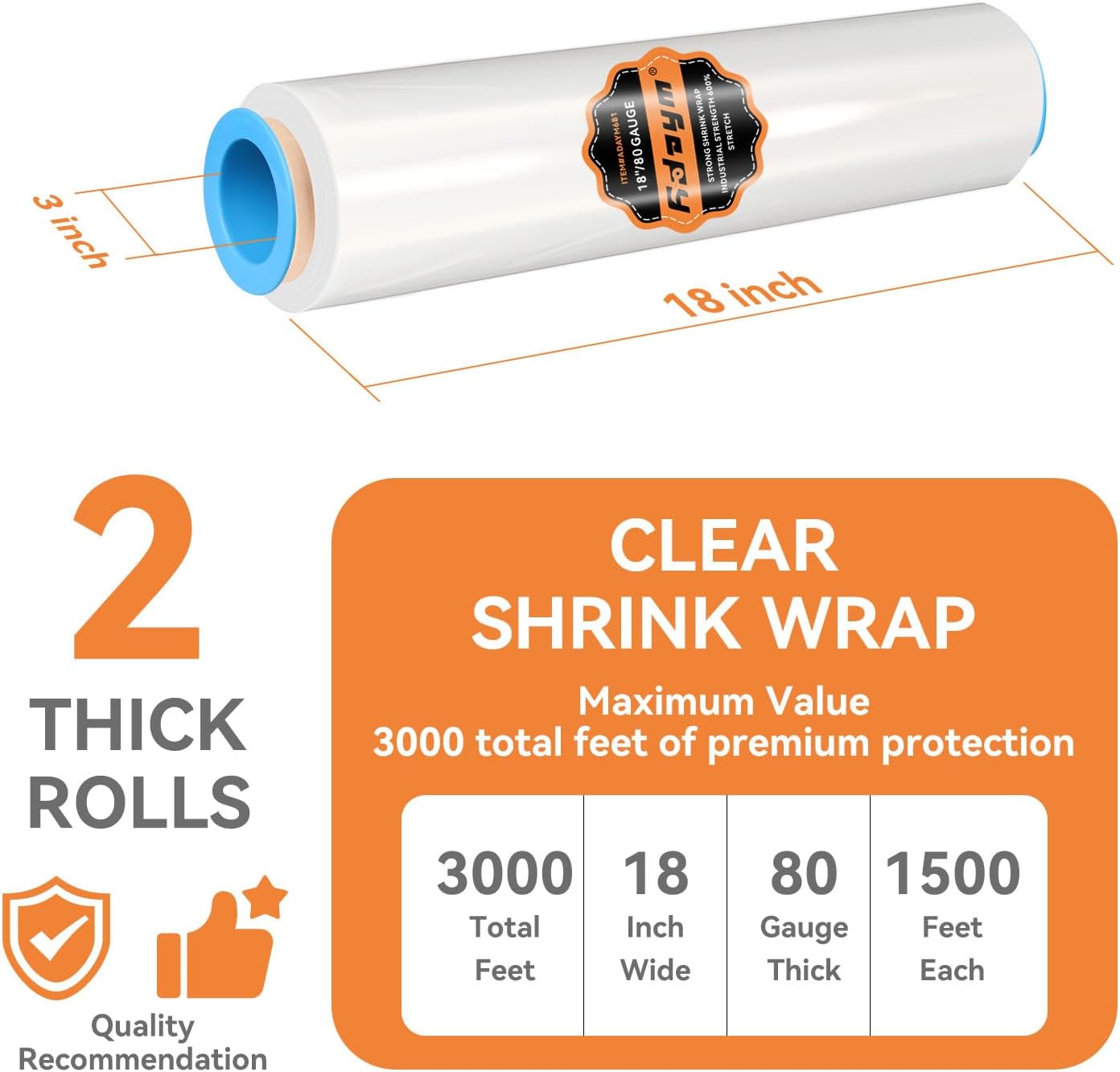 Stretch Film Shrink Wrap Roll 18" x 1500' - Industrial Plastic Wrap for Moving, Heavy Duty 80 Gauge, 600% Stretch for Packing, Pallets, Shipping&Furniture Protection​-2 Rolls