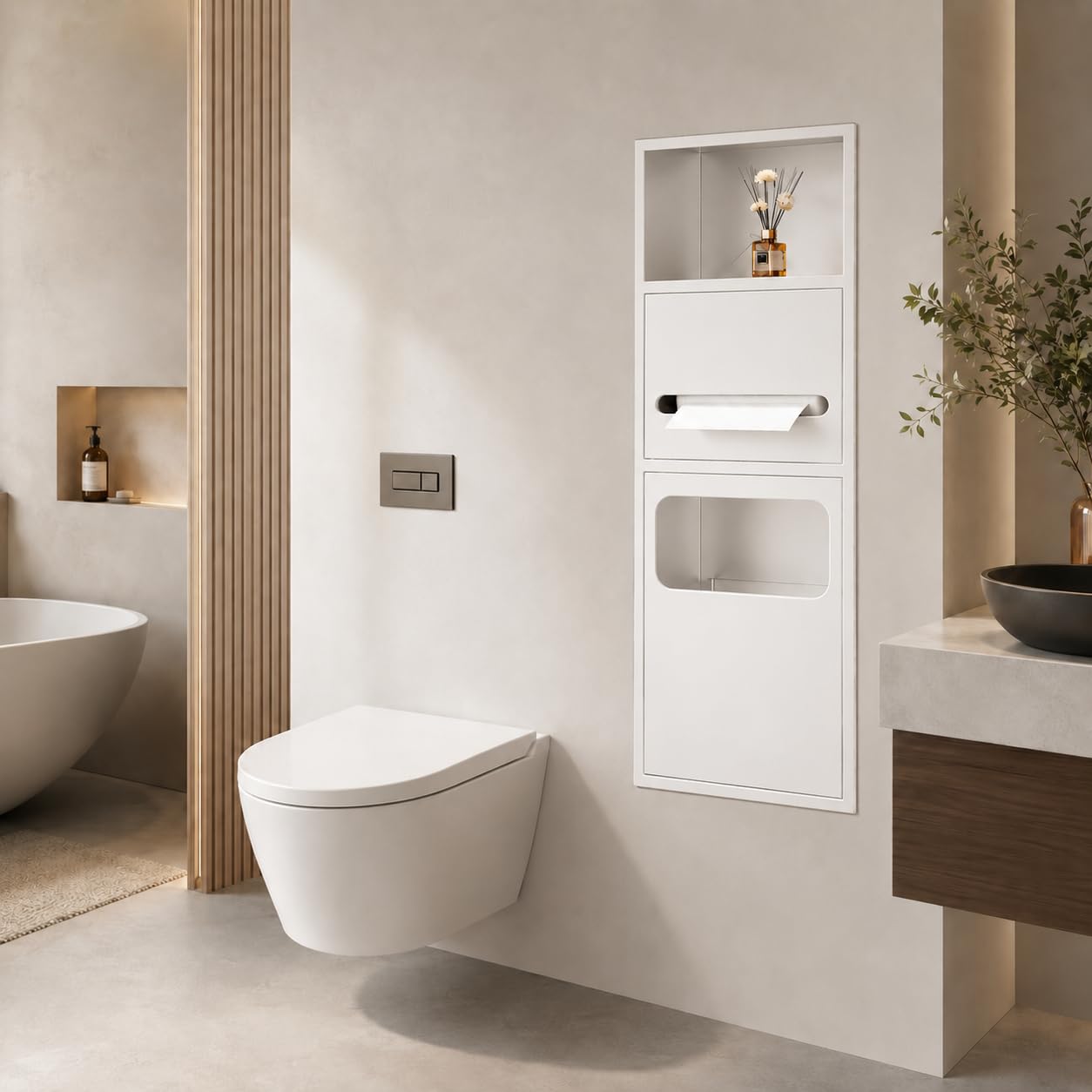 Porta carta igienica da parete con cestino e ripiano Sto - Salvaspazio da bagno per la massima comodità e una vita senza ingombri