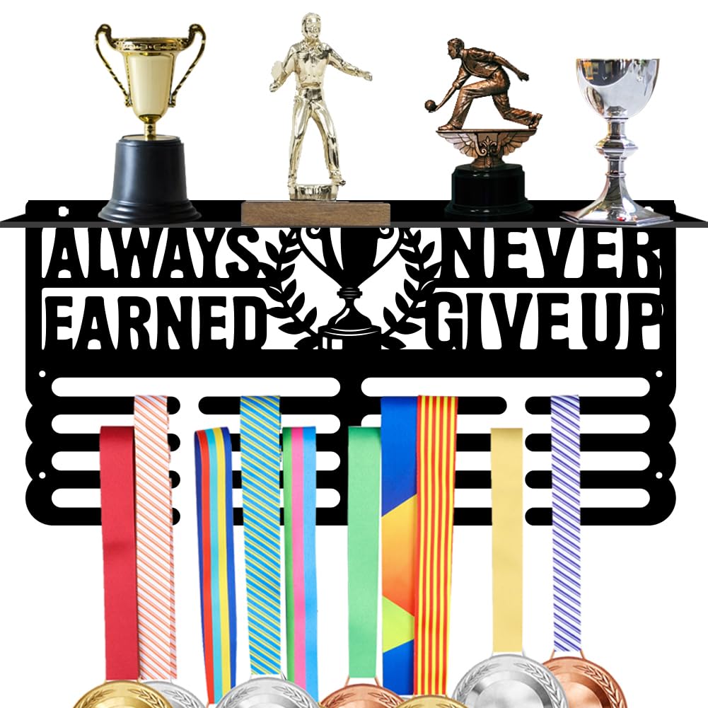 SUPERDANT Always Earned Never Given Trophy and Medal Display Shelf Medal Hanger Holder Displaying 4 Rows Race Medal Display and Medal Hanger with Shelf for Athletes Sports Awards Storage