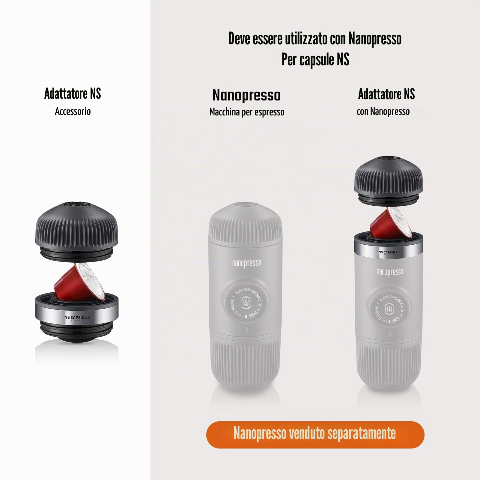 WACACO Nanopresso NS Adapter, una Grande Aggiunta/Accessorio Nanopresso, adattatore per adattarsi alle capsule NS (capsule originali NS o compatibili), non adatto al Minipresso
