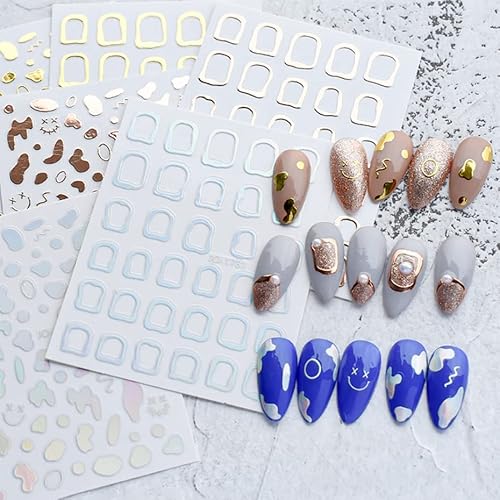 12 Sheets 3D Gold Laser Frame Graffiti Line Stripe Stickers For Nails Abstract Geometric French Fashionable Designs Manicure Sliders Sparkly Holographic Decorations Accessories And Tools Stick-On Nails #TOP7