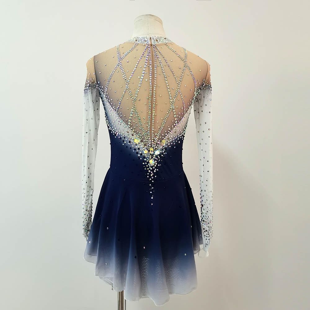 Girls' Deep Blue Long Sleeve Figure Skating Dress Customized Competition Costume