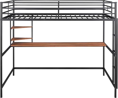 Miniatura 5 de Harper & Bright Designs Cama tipo loft de metal de tamaño matrimonial con escritorio y estantes, marco de cama de metal con escritorio debajo para