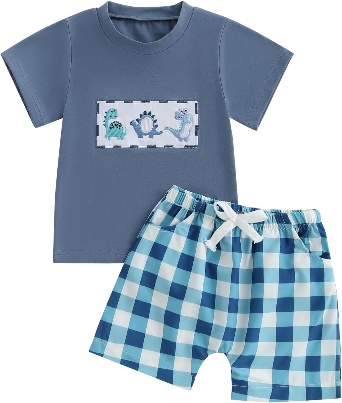 Baby Boy Clothes Set Short Sleeve Dinosaur Print/Embroidery T-shirt Short 2Pcs Toddler Boy Summer Outfit Set with Elastic Waist 0 Months-4 Years