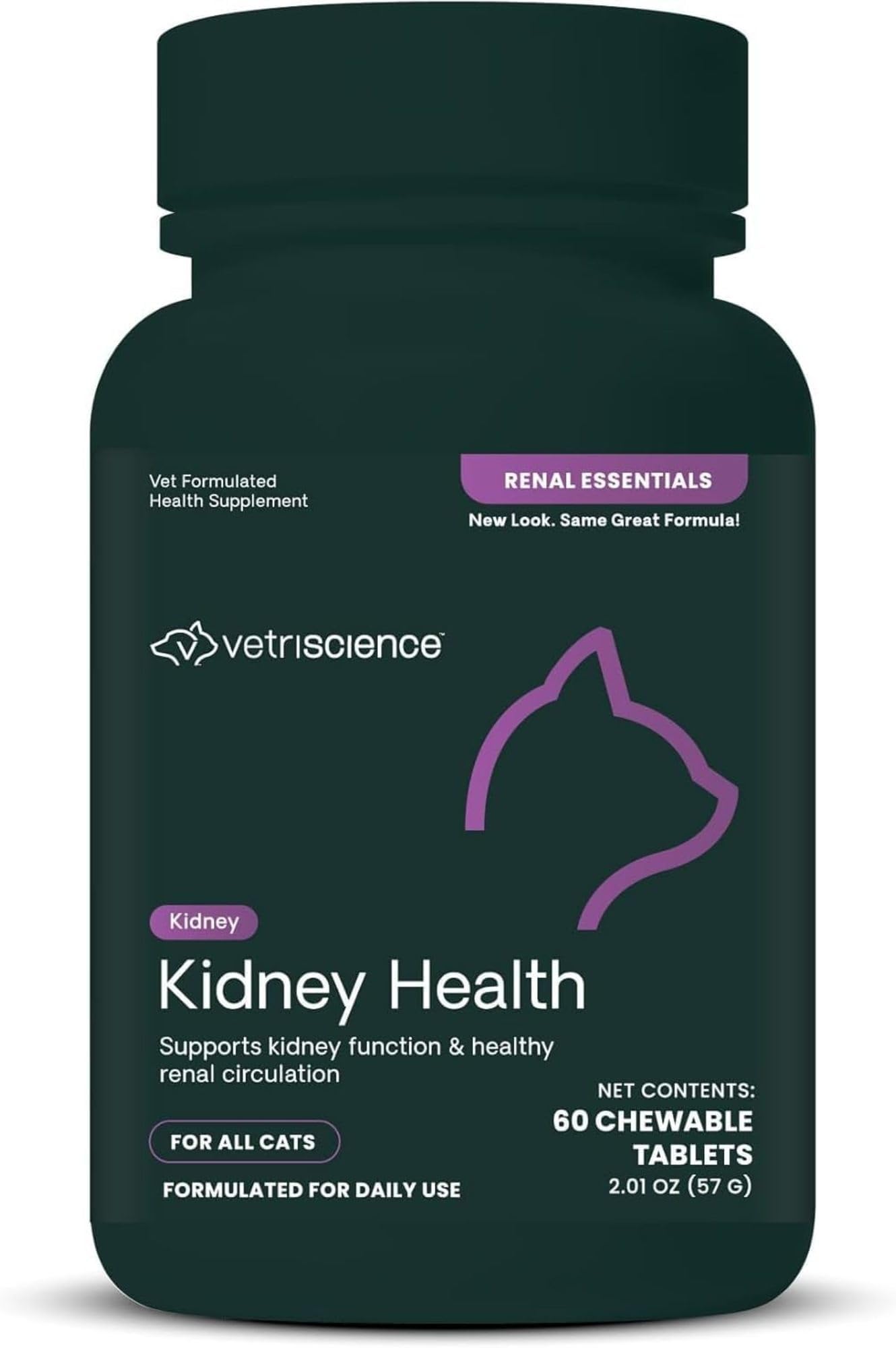 VetriScience Kidney Health Chewable Tablets, Renal Essentials Supplement for Cats, Kidney Care and Support with Mushroom, Astragalus Root, Nettle Seed and Herbs, Chicken and Fish, 60 Count